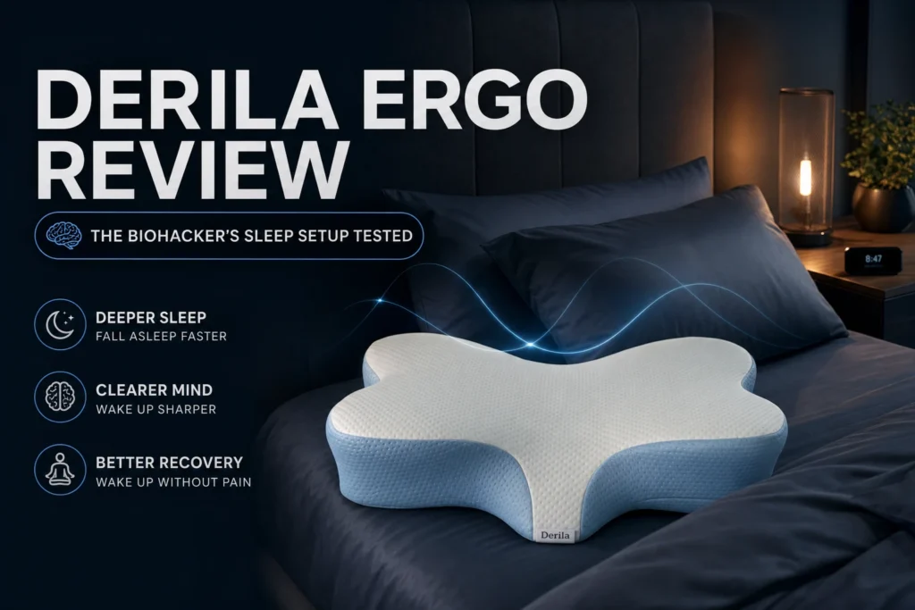 Derila Ergo orthopedic memory foam pillow on a bed, reviewed for deeper sleep, clearer mind, and better neck recovery