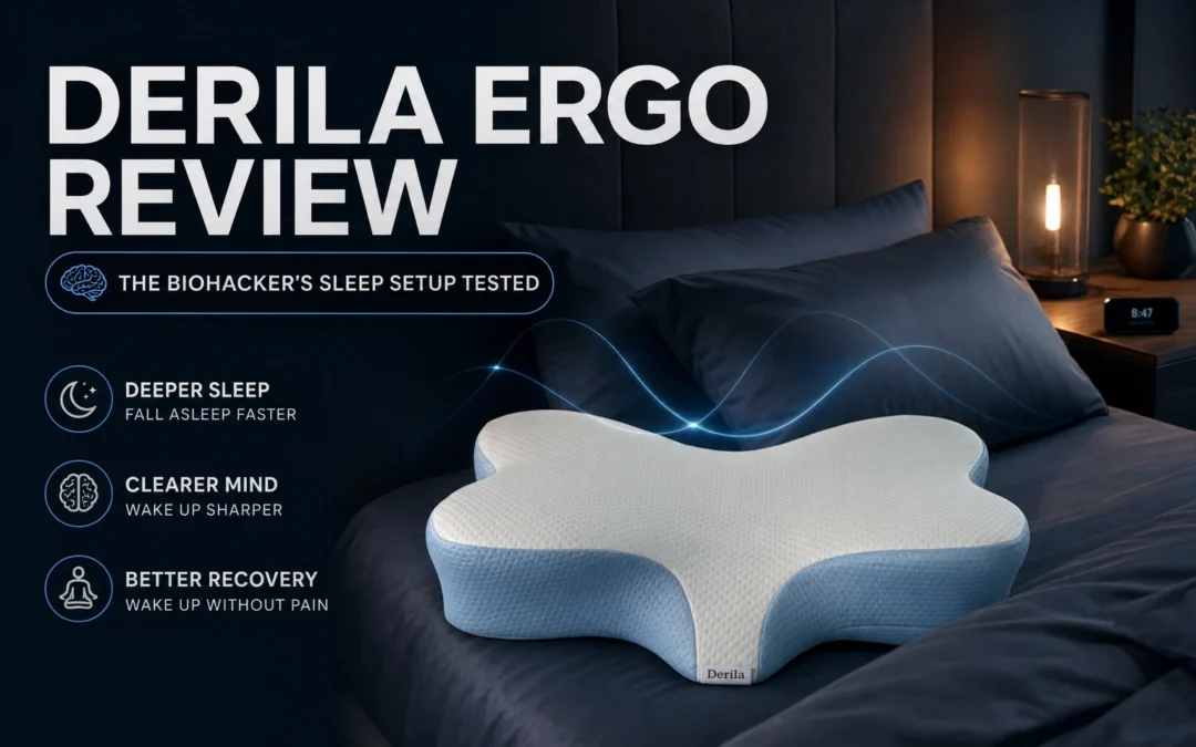 Derila Ergo orthopedic memory foam pillow on a bed, reviewed for deeper sleep, clearer mind, and better neck recovery