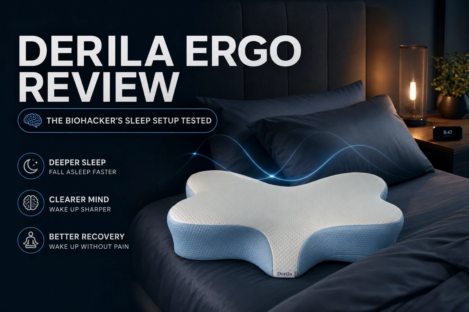 Derila Ergo Pillow Review — Memory Foam Orthopedic Pillow Derila Ergo orthopedic memory foam pillow on a bed, reviewed for deeper sleep, clearer mind, and better neck recovery